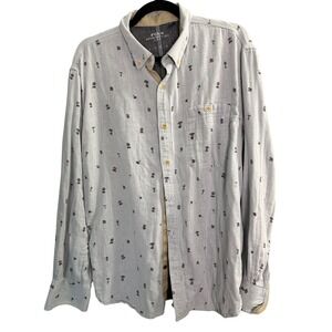 FCUK Cotton Shirt Mens L Blue Mushrooms Flowers Vacation‎ Coastal Summer Preppy